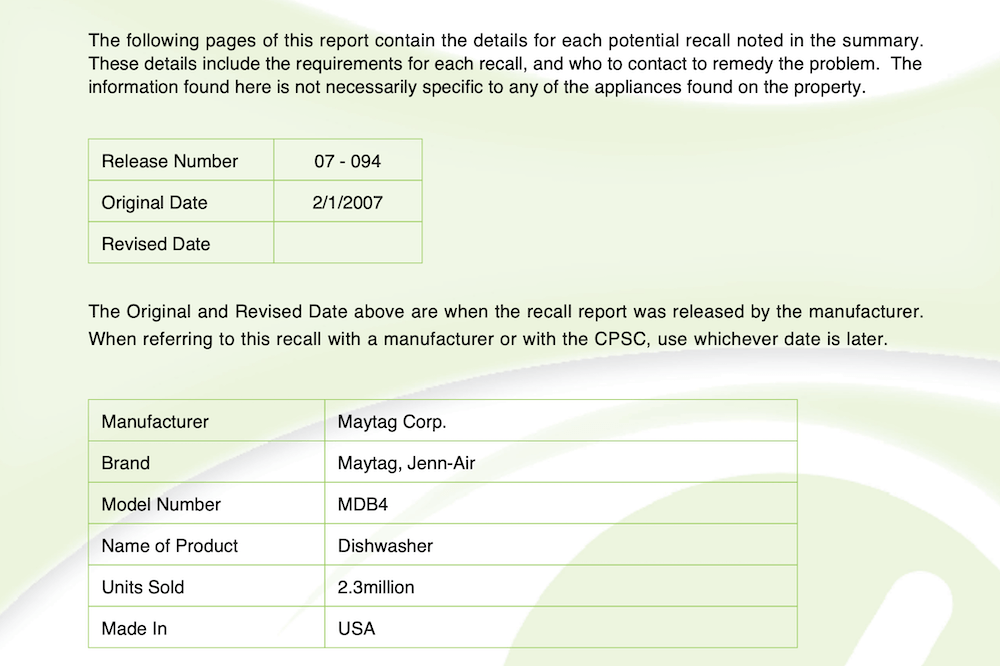 RecallChek report excerpt